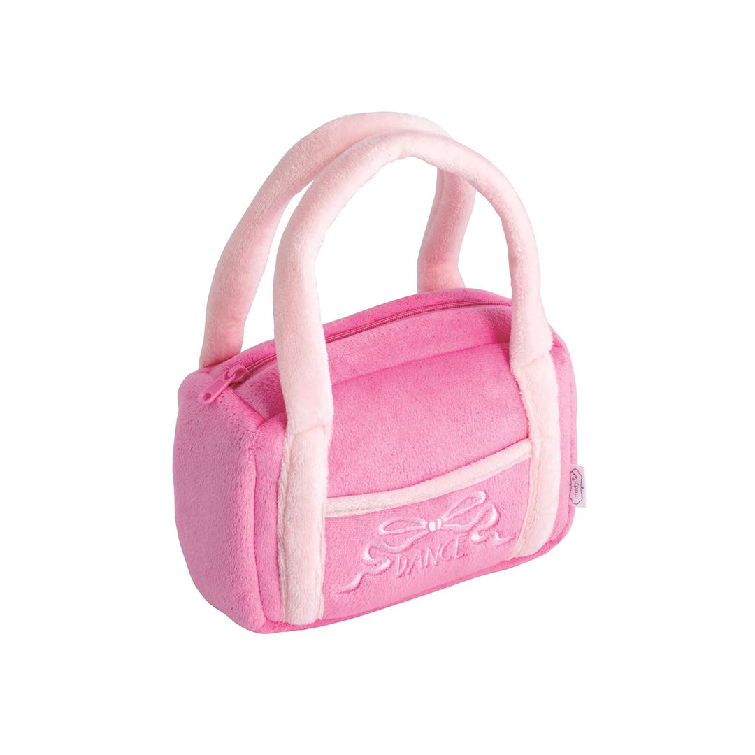 Small pink ballet bag, soft material, two handles, “Dance” embroidered on front. Sizes available: small.