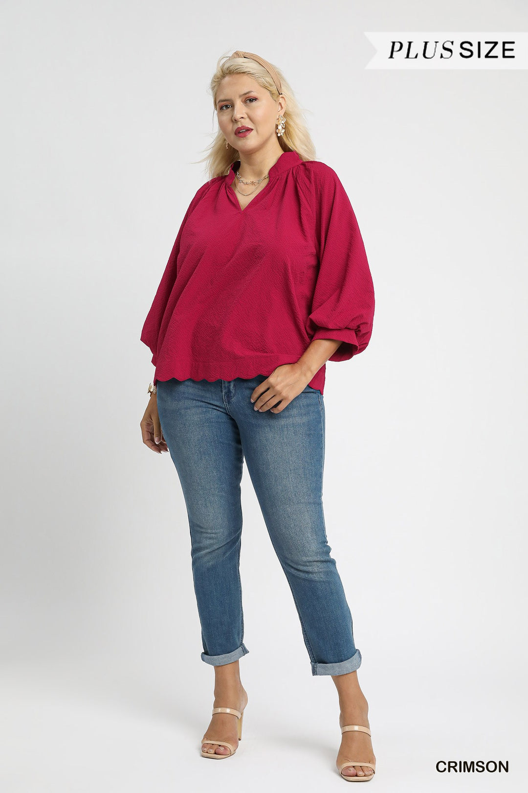 Crimson Scallop Hem Balloon Sleeve Top, available in plus sizes. Features scallop hem and balloon sleeves.