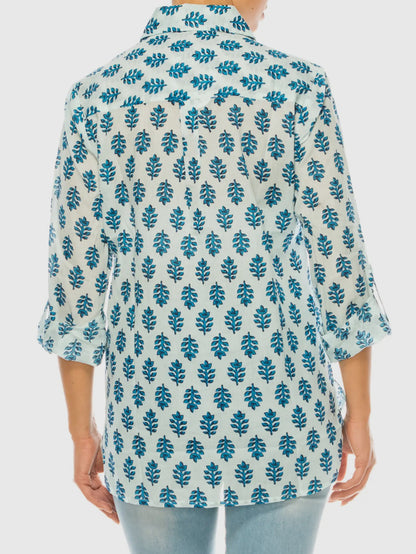 Floral Button Down Shirt with blue leaf pattern, available in sizes S-XXL.