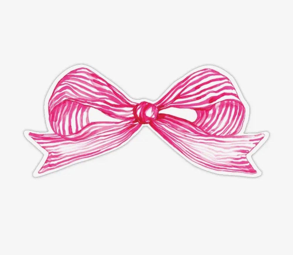Pink ribbon bow die cut accent with wavy lines and knotted center. Available sizes: small, medium, large. Ideal for table decor.