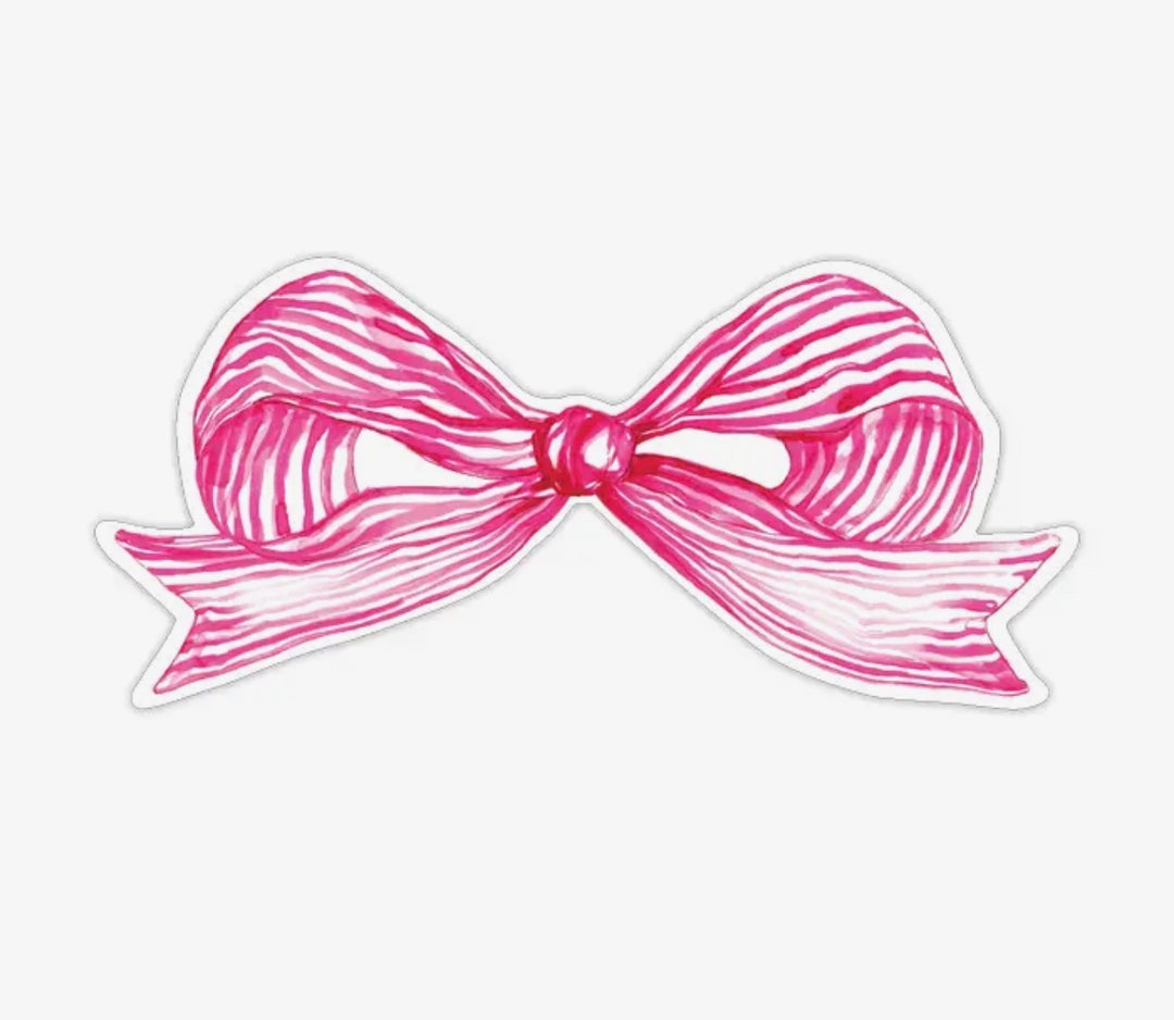 Pink ribbon bow die cut accent with wavy lines and knotted center. Available sizes: small, medium, large. Ideal for table decor.