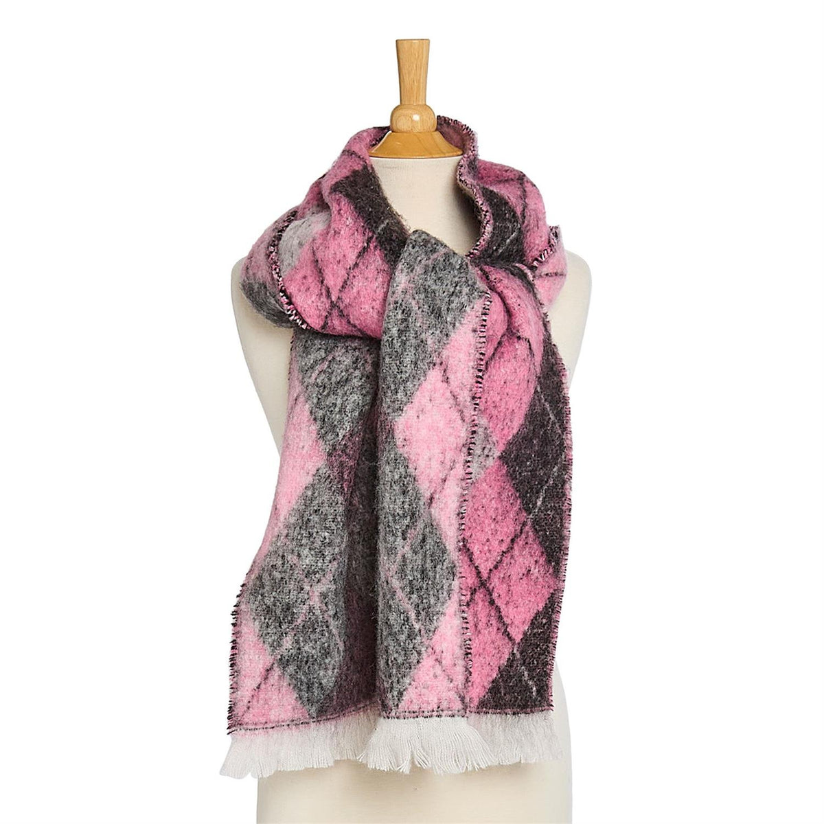 Classic Argyle Scarf with large pink, gray, and black diamonds in an argyle pattern and short white fringe at each end. Available in sizes: S, M, L.