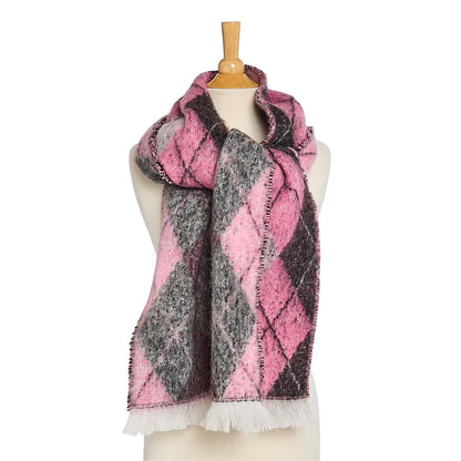 Classic Argyle Scarf with large pink, gray, and black diamonds in an argyle pattern and short white fringe at each end. Available in sizes: S, M, L.