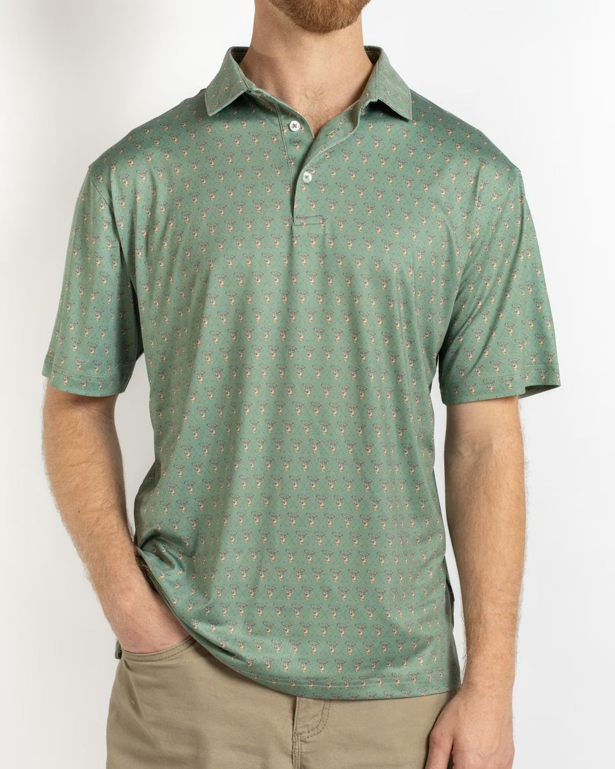 Men’s Bow Hunting Performance Polo: light green, short-sleeve, collared, subtle pattern. Sizes S-XXL available.