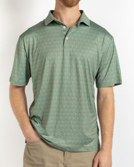 Men’s Bow Hunting Performance Polo: light green, short-sleeve, collared, subtle pattern. Sizes S-XXL available.