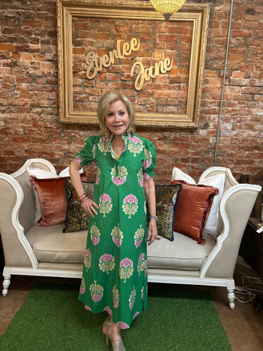 Green Floral Print Ruffle Collar Midi Dress; available in sizes XS-XL.