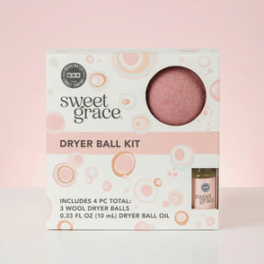 Sweet Grace Dryer Ball Kit box with pink/white bubble design, window shows wool dryer ball, includes fragrance oil. Size not listed.