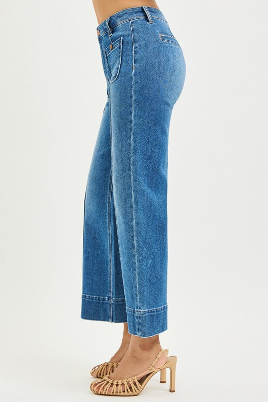 Risen High Rise Crop Wide Pintuck Jeans, available in sizes 24–32.