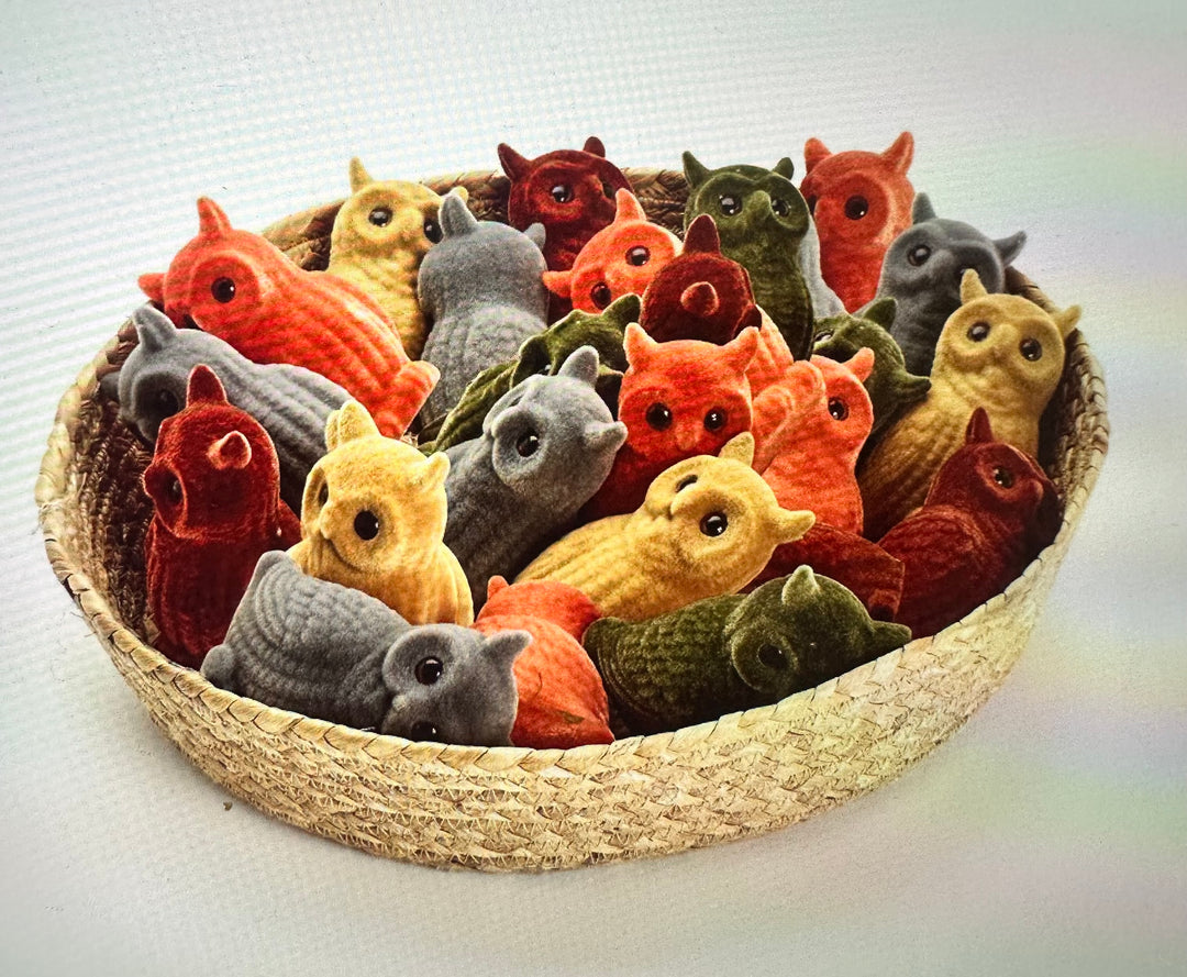 Woodland Whoot Flocked Mini Owls in vibrant red, yellow, orange, green, and gray. Available in multiple sizes. Plush texture and playful design.