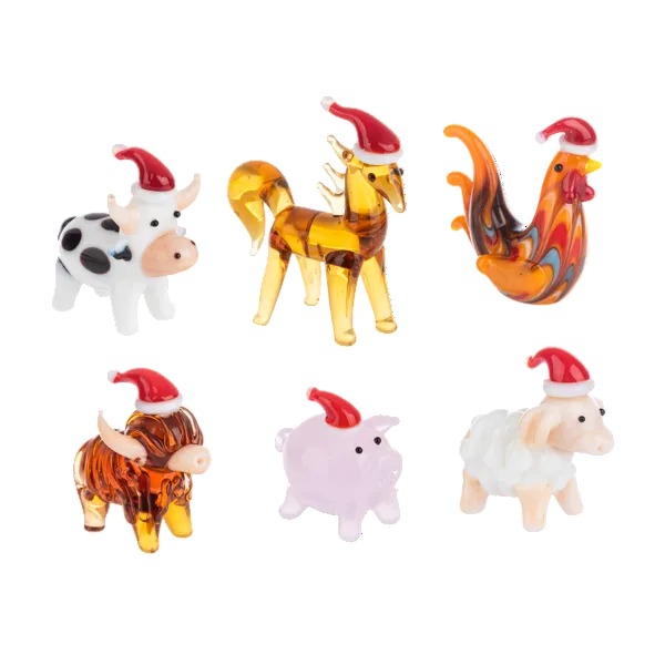 Six glass farm animal figures featuring a cow, horse, rooster, highland cow, pig, and sheep, each wearing a red and white Santa hat.