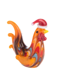Multicolored swirled glass rooster figurine wearing a miniature red and white Santa hat.