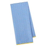 Blue microfiber dishtowel with wavy pattern and yellow edges. Available sizes: 16"x24", 18"x28".