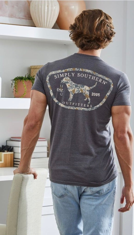 Men’s Camodog Short Sleeve T-Shirt shown; available in sizes S–XXL.