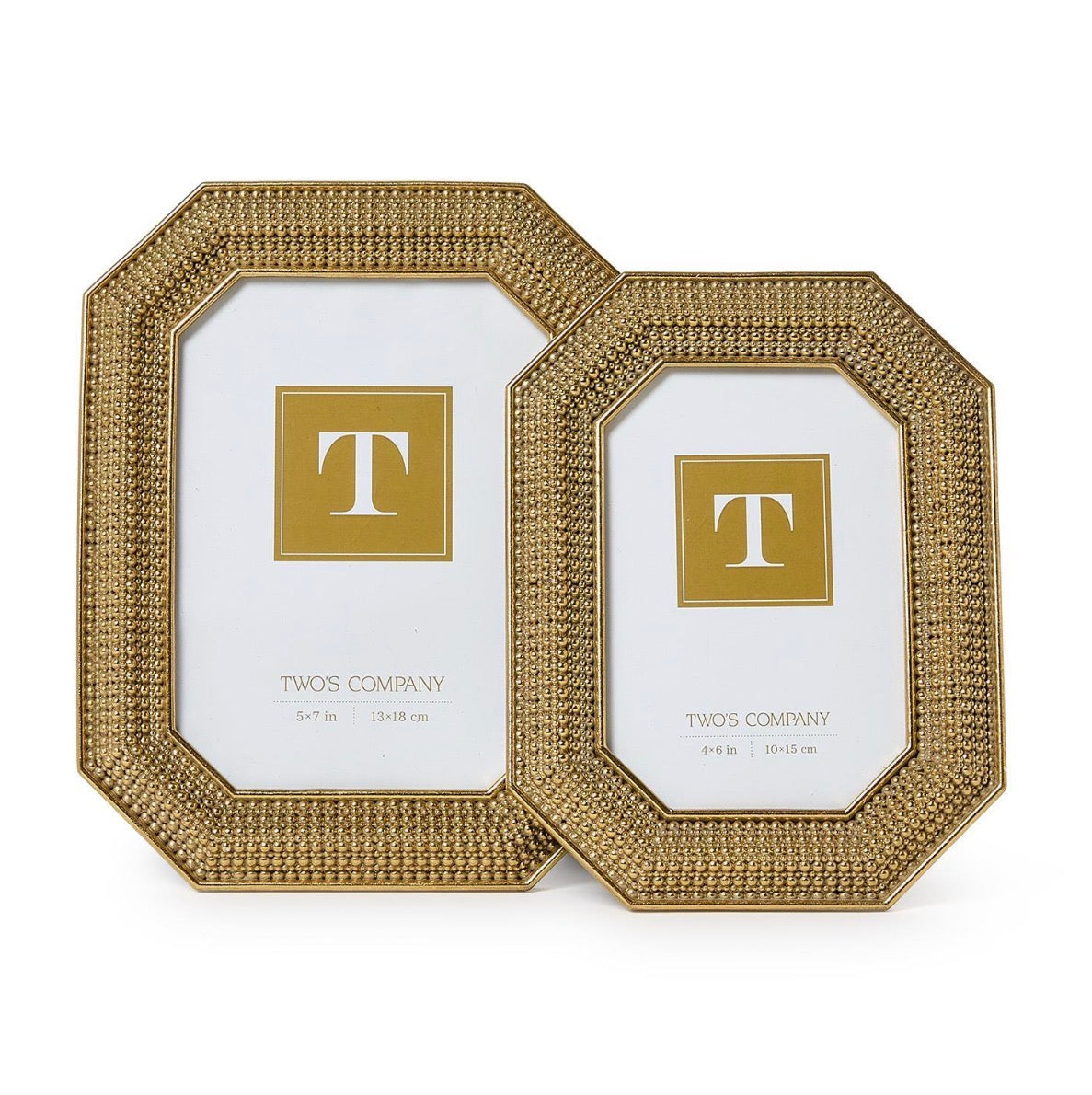 Set of two gold beaded photo frames with white mats; includes one large and one small frame, each featuring a placeholder insert with a gold "T" and "Two's Company" text.