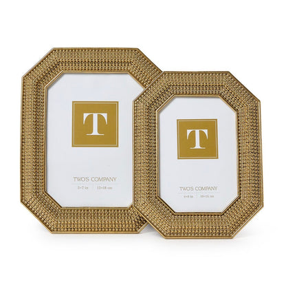 Set of two gold beaded photo frames with white mats; includes one large and one small frame, each featuring a placeholder insert with a gold "T" and "Two's Company" text.