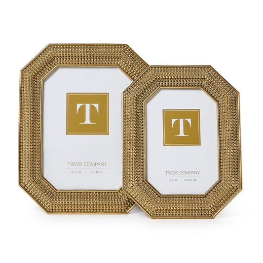 Set of two gold beaded photo frames with white mats; includes one large and one small frame, each featuring a placeholder insert with a gold "T" and "Two's Company" text.