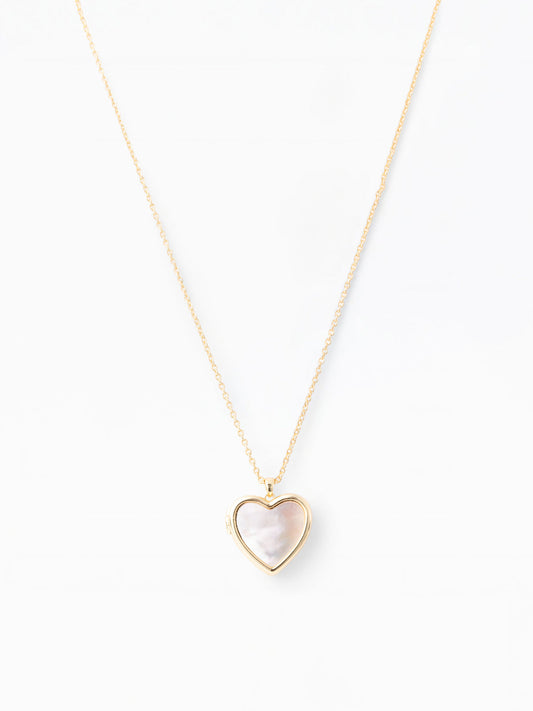 Sayor 18k Gold Plated Heart Locket Necklace with pearlescent center, hypoallergenic. Available in 16", 18", and 20" lengths.