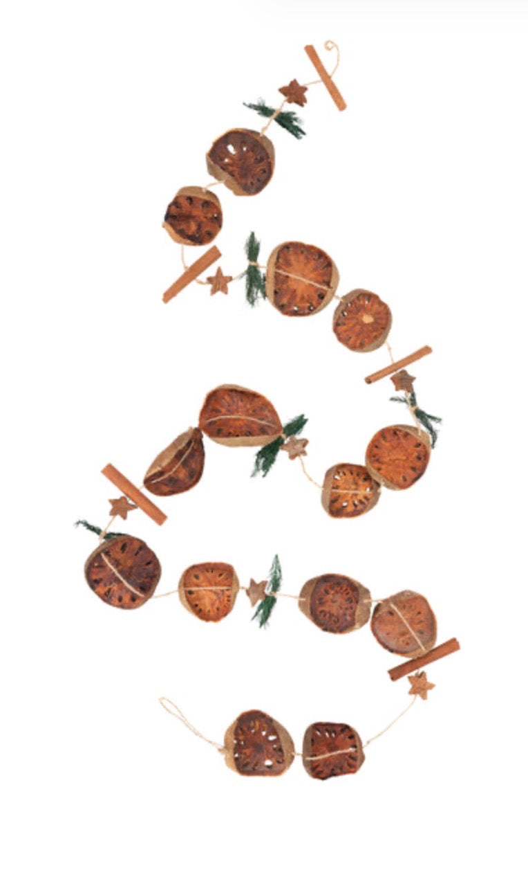 72” Dried Garland with fruit, cinnamon, stars, and greenery on twine.