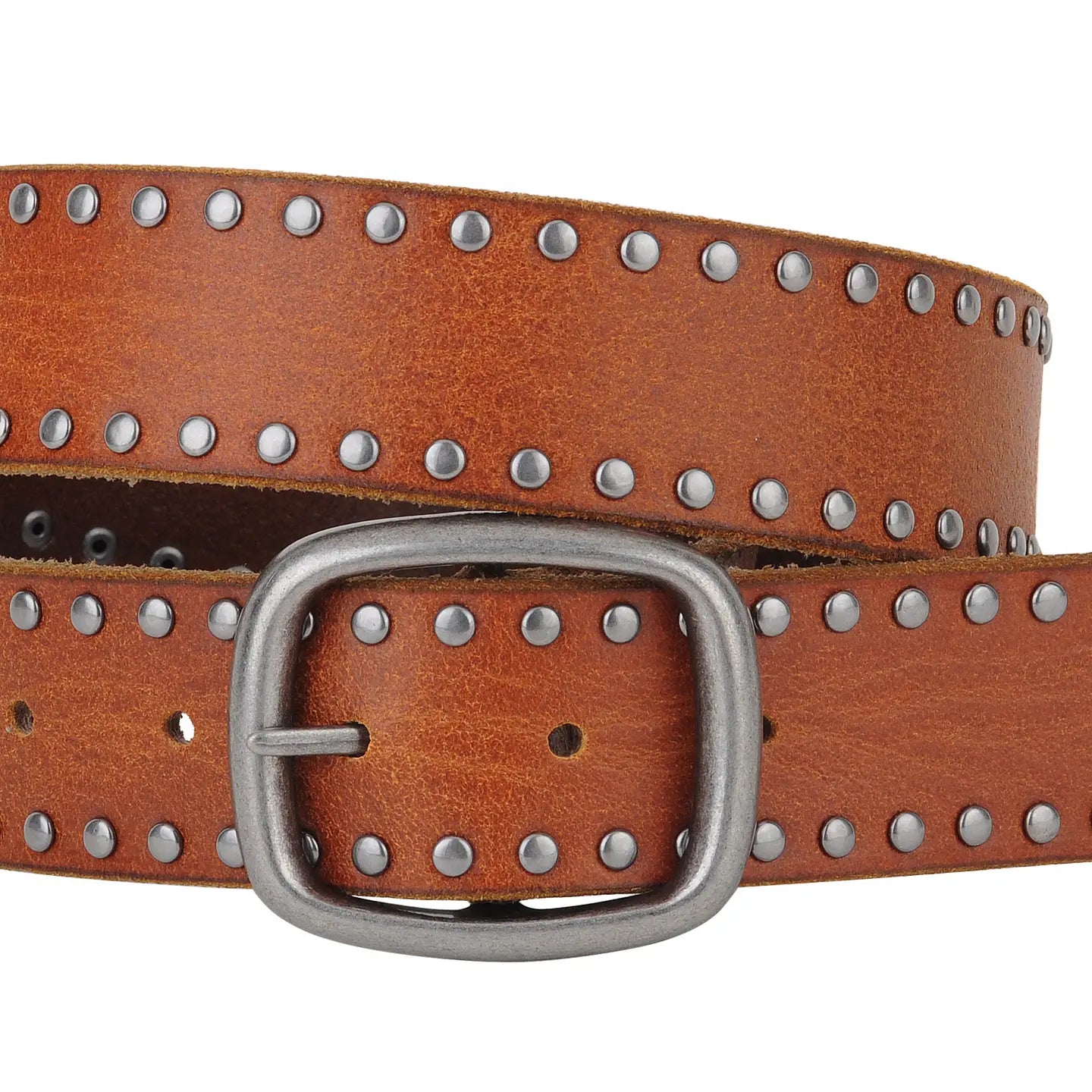 The Grunge Stud-Lined Leather Belt is a tan leather belt with silver-tone studs and a rectangular silver buckle. Available in sizes S, M, L, XL.