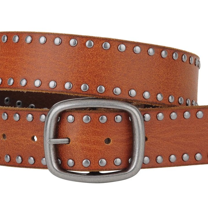 The Grunge Stud-Lined Leather Belt is a tan leather belt with silver-tone studs and a rectangular silver buckle. Available in sizes S, M, L, XL.