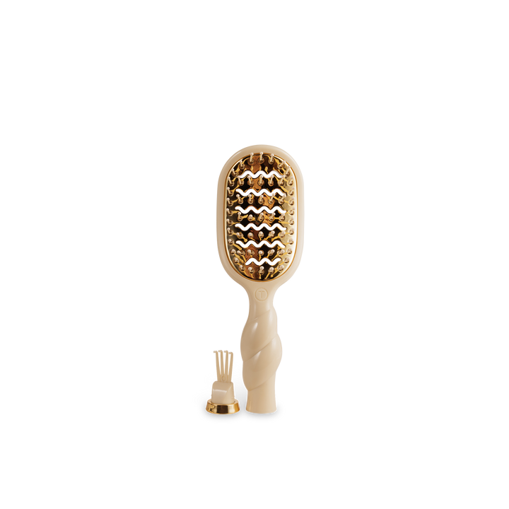 Mini Vented Brush | Tan in beige and gold tones; compact size, ideal for travel and short hair styling. Available in mini.