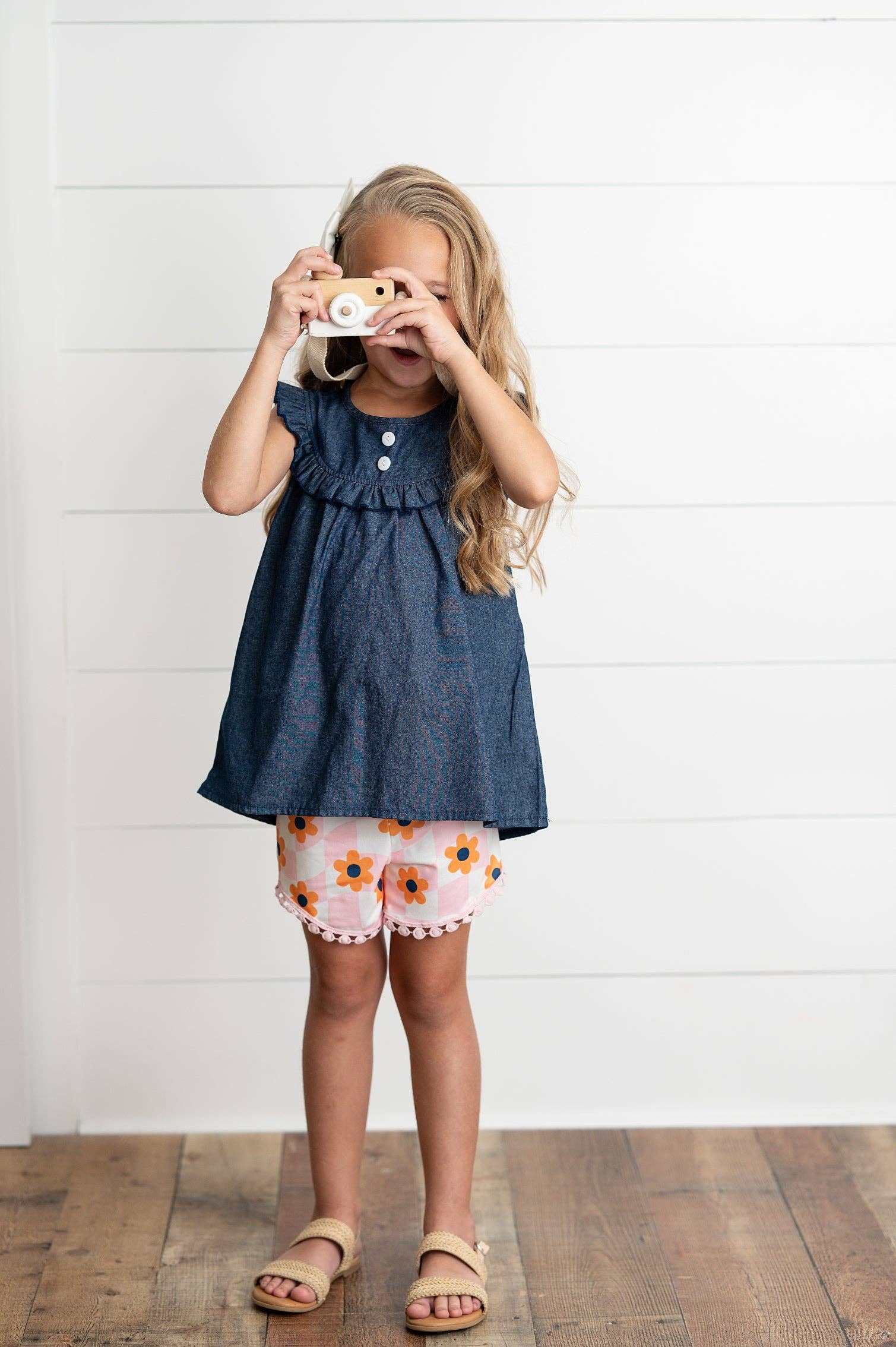 Girls Dark Jean & Retro Flower Check Wave Short Set; available in sizes XS-XL.