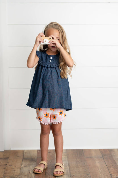 Girls Dark Jean & Retro Flower Check Wave Short Set; available in sizes XS-XL.