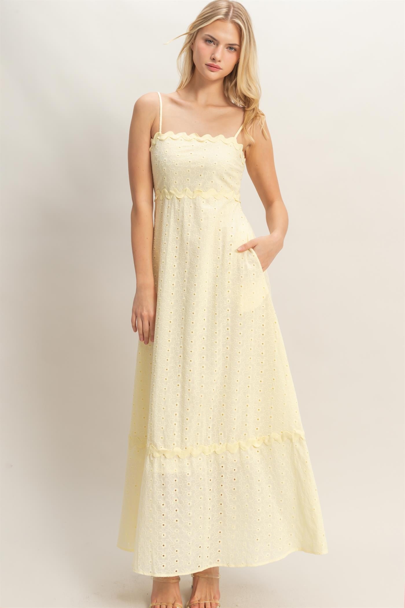 Butter Yellow Scallop Trim Eyelet Midi Dress: pale yellow, sleeveless, thin straps, scalloped edges. Sizes XS–XL.