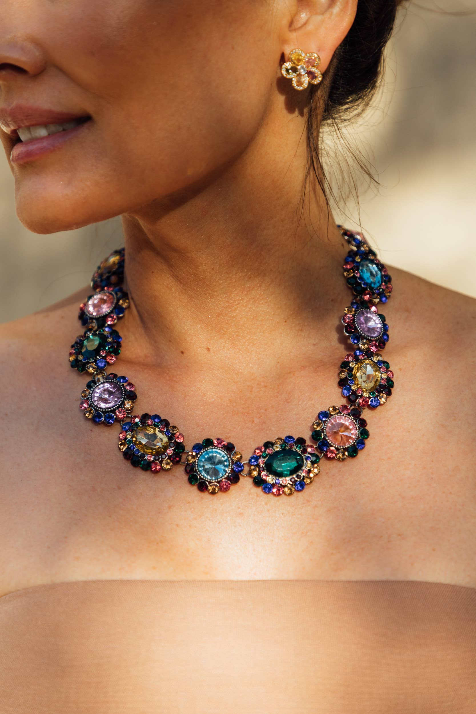 Juliet Necklace: large, multicolored glass crystal clusters, alloy chain, lobster clasp. Available in S/M/L.
