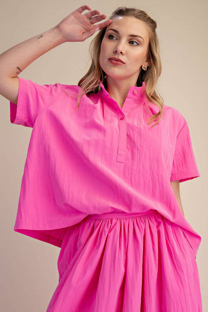 Pink Stand Collar Short Sleeves Shirt; available in sizes XS–XL. Simple, chic design ideal for summer wear.