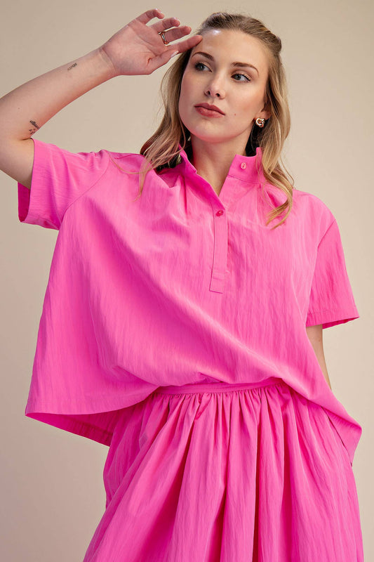 Pink Stand Collar Short Sleeves Shirt; available in sizes XS–XL. Simple, chic design ideal for summer wear.