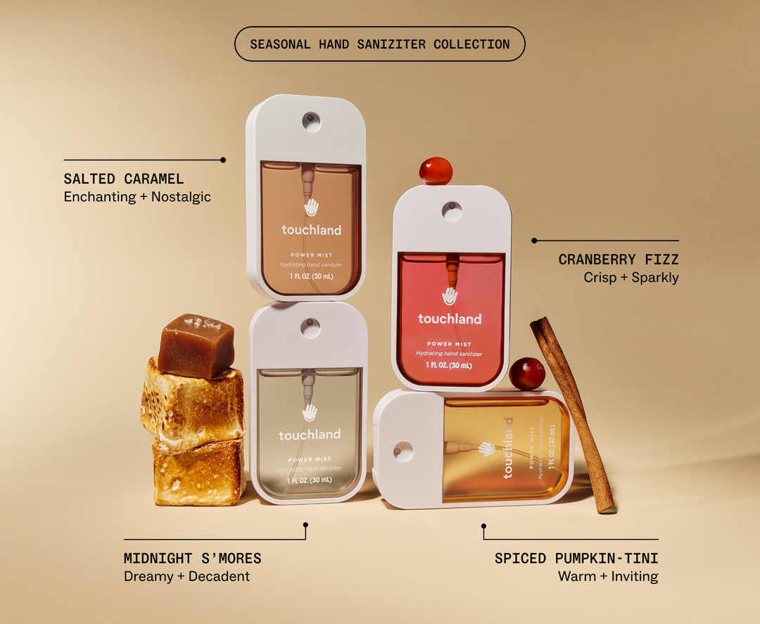 Four rectangular hydrating Salted Caramel Power Mist Hand Sanitizer spray bottles in various colors and scents.
