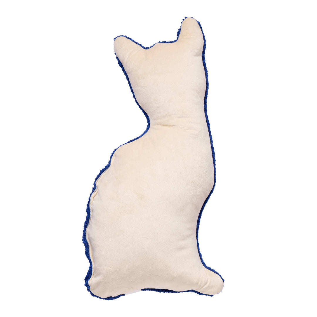 Cream-colored Chinoiserie cat-shaped hook pillow with blue trim.