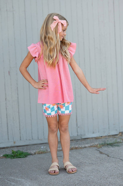 Girls Teal Check Wave Short Set, available in sizes 2T-10Y. Features teal check pattern and comfortable fit.