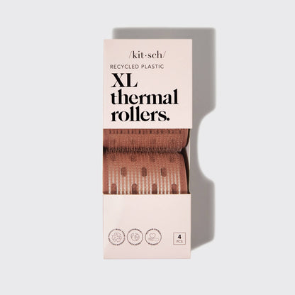 Kitsch XL Ceramic Thermal Rollers 4pc in terracotta, mesh texture for volume. XL size. Four rollers in box, bold black text.