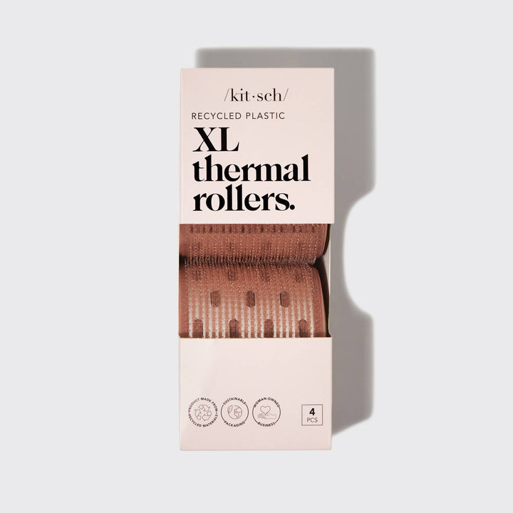 Kitsch XL Ceramic Thermal Rollers 4pc in terracotta, mesh texture for volume. XL size. Four rollers in box, bold black text.