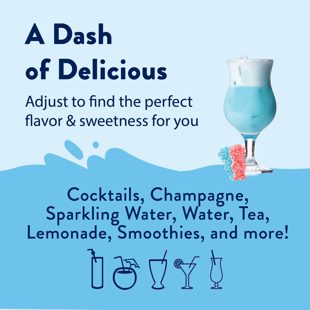 Blue cocktail with Sugar Free Sour Genie™ Syrup, whipped cream, and two gummies. Available in 8oz, 16oz, and 32oz.