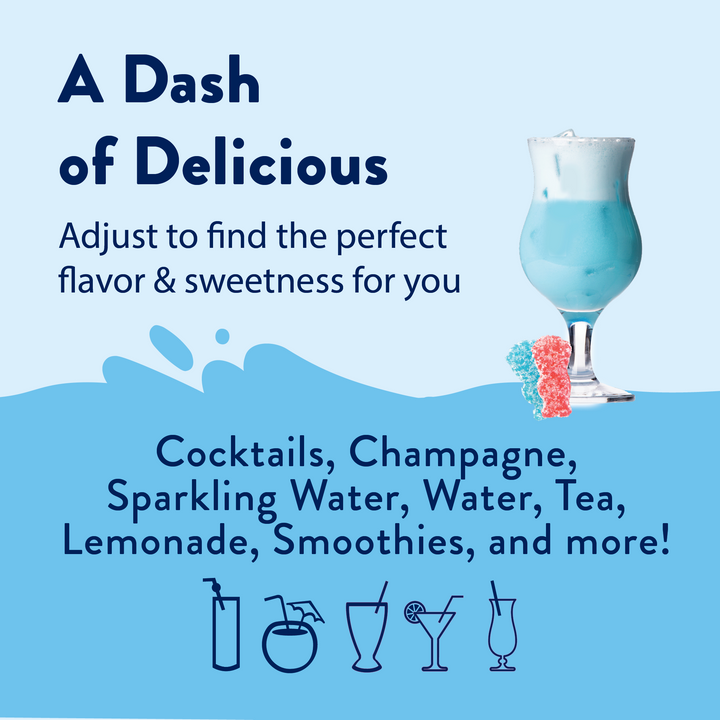 Blue cocktail with Sugar Free Sour Genie™ Syrup, whipped cream, and two gummies. Available in 8oz, 16oz, and 32oz.