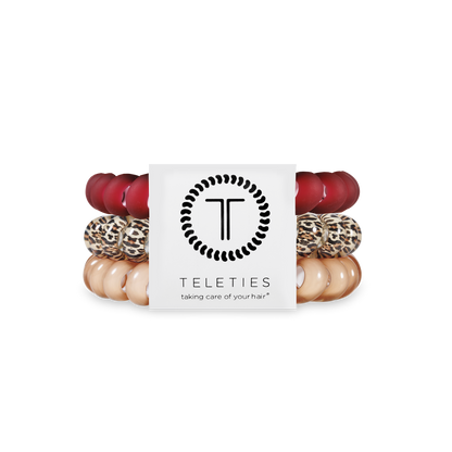 TELETIES Hair Ties pack in red, leopard print, and beige; available in small, medium, and large sizes.