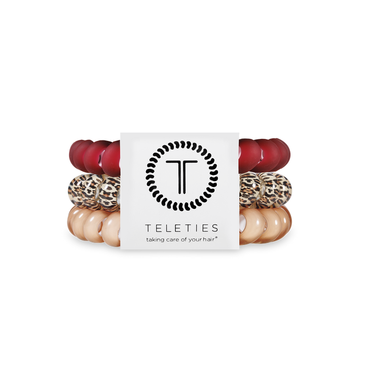TELETIES Hair Ties pack in red, leopard print, and beige; available in small, medium, and large sizes.