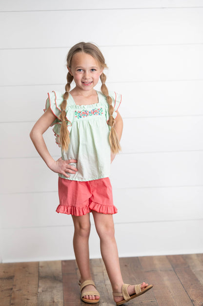 Girls Embroidered Mint Ruffle Top & Pink Short Set; available in sizes 2T-6X.
