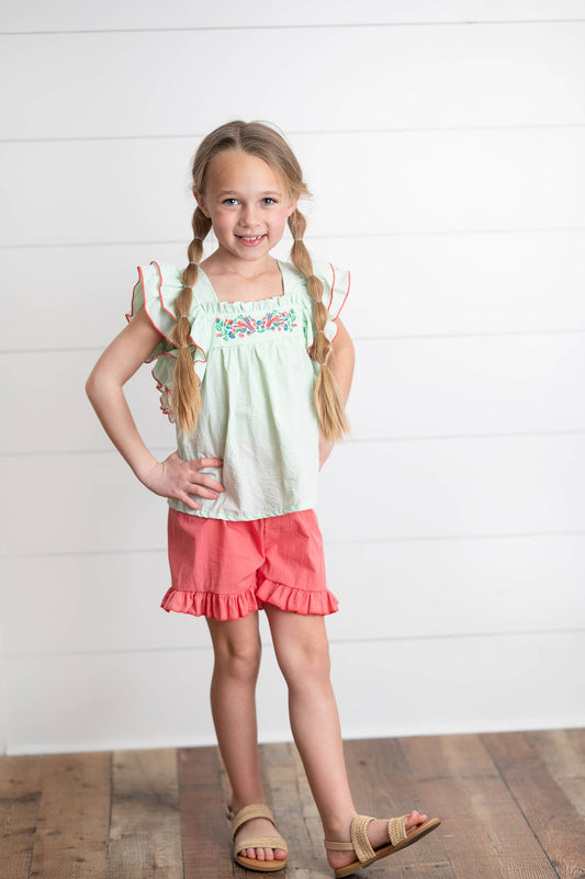 Girls Embroidered Mint Ruffle Top & Pink Short Set