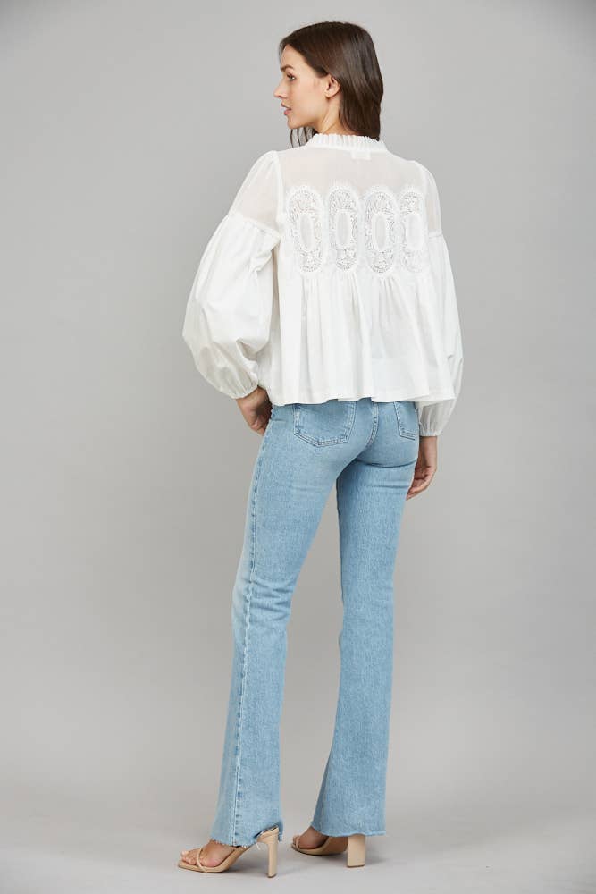 Lace Appliqué Detail Mixed Media Long Sleeve Blouse