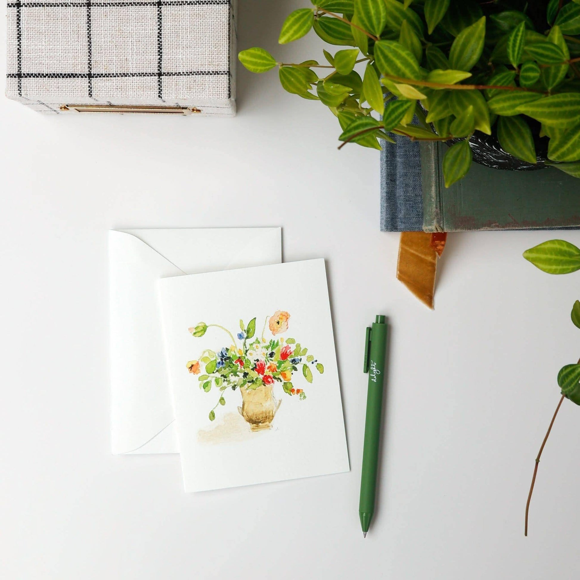 Set of 8 Bouquet notecards with watercolor floral designs. Sizes available: not specified.
