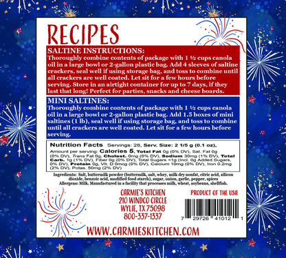 Instructions and nutrition facts for Rocket Ranch Cracker Seasoning for saltines and mini saltines; sizes include regular and mini.
