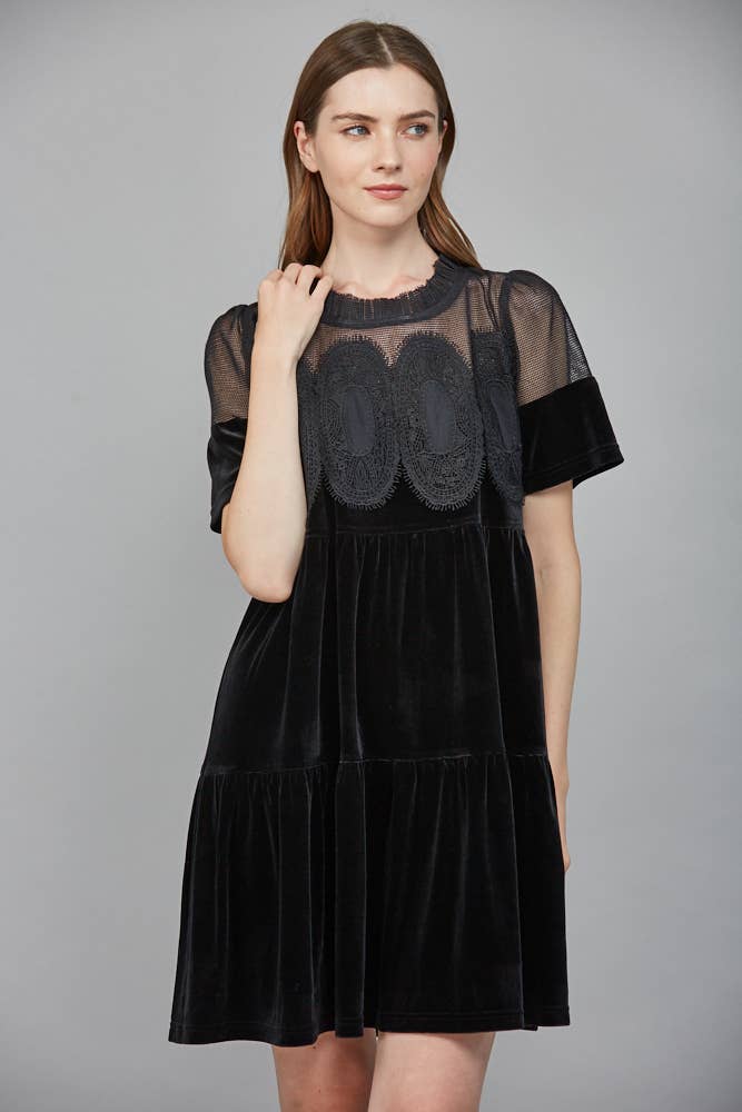 Contrast Sheer Mesh With Intricate Lace Detail Velvet Dress