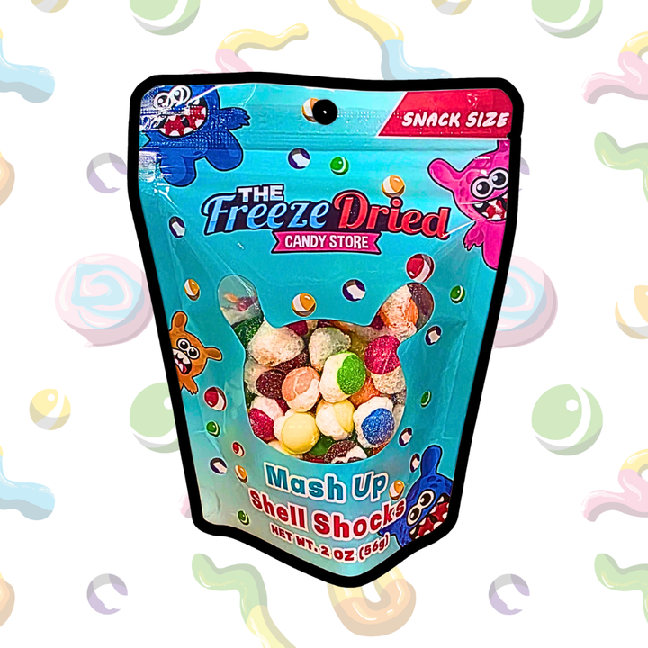 Teal pouch labeled "Freeze Dried Shell Shocks: Sour Wild Berry" (4 oz) with clear window showing assorted crunchy candy.