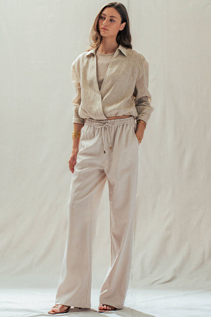 Natural Linen Blend Wide Leg Drawstring Pants, relaxed fit. Available in sizes XS-XL.