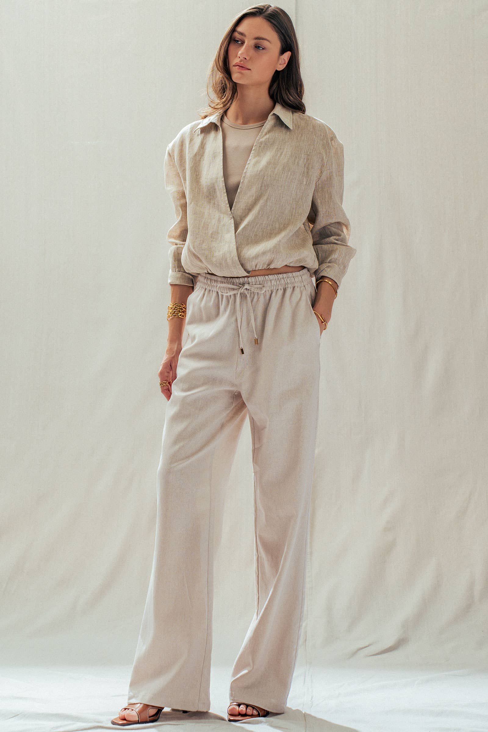 Mint Jelly Linen Blend Wide Leg Drawstring Pants, sizes XS-XL. Features relaxed fit and airy fabric.
