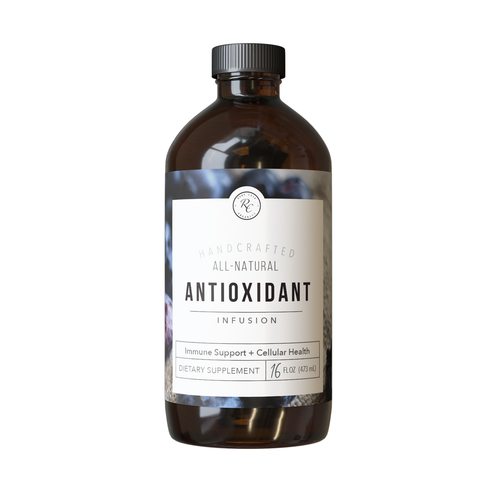 Brown glass bottle labeled “ANTIOXIDANT INFUSION | 16 oz: Regular.” Highlights immune support, cellular health, all-natural ingredients with liposomal glutathione and aronia berries. Available in 16 fl oz size.